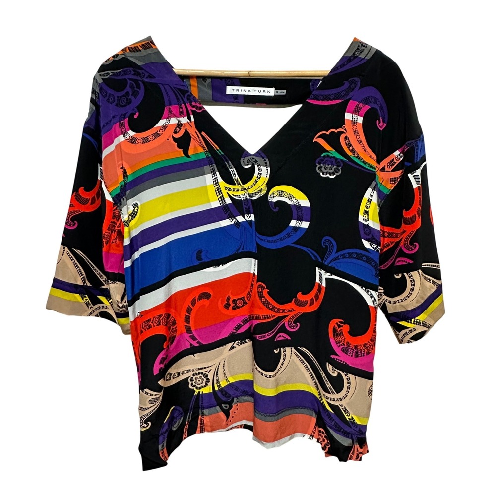 Trina Turk 100% Silk‎ Blouse Womens Medium Multi Color Paisley Abstract Maximal